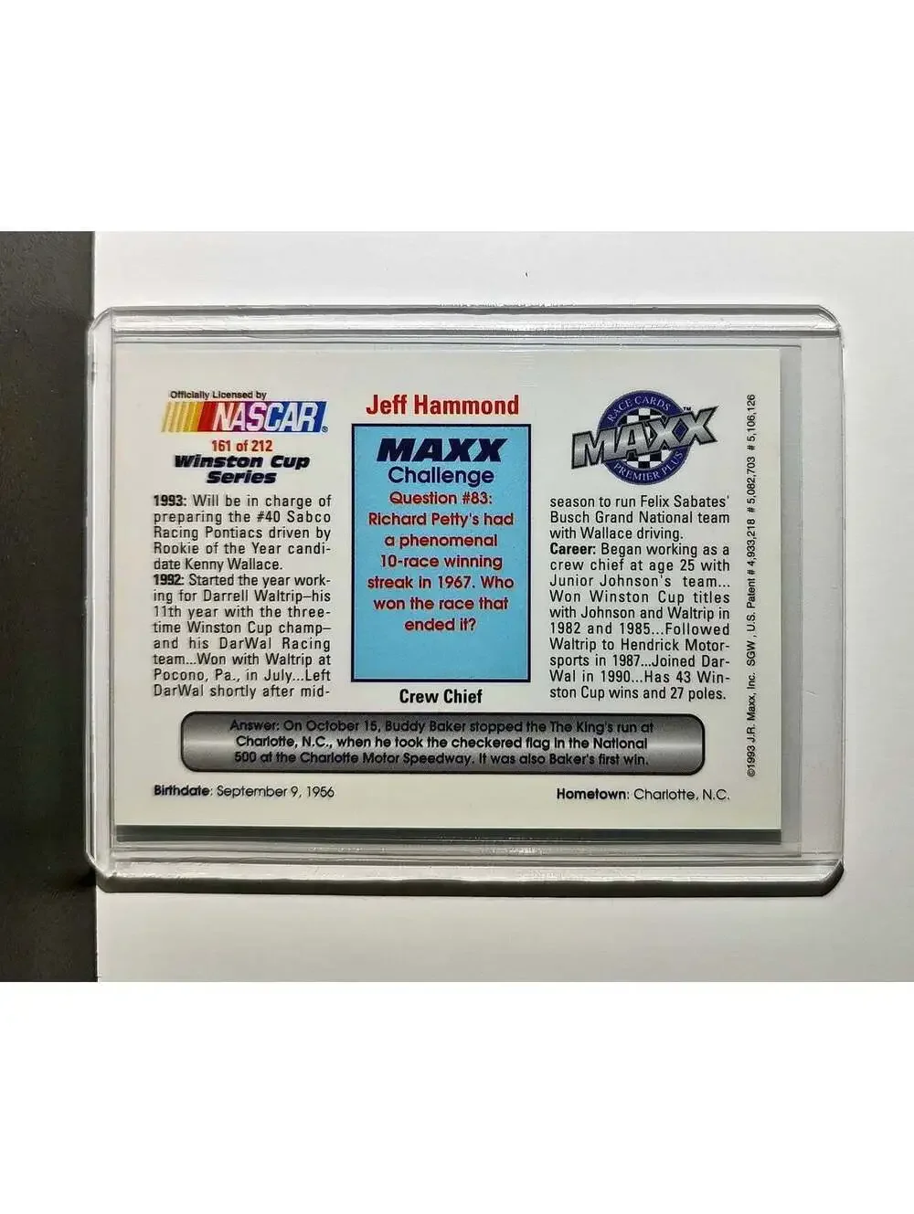 Jeff Hammond 1993 Maxx Premier Plus Racing #161 NASCAR Card SABCO Racing